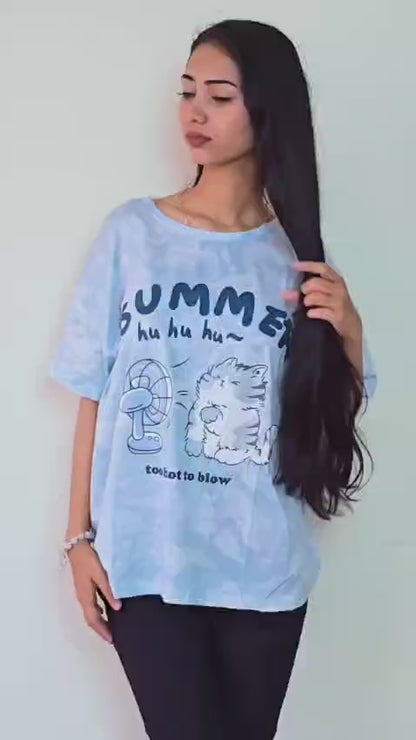 Women Summer Printed Short-sleeved T-shirt with Shorts Combo Blowing Cat