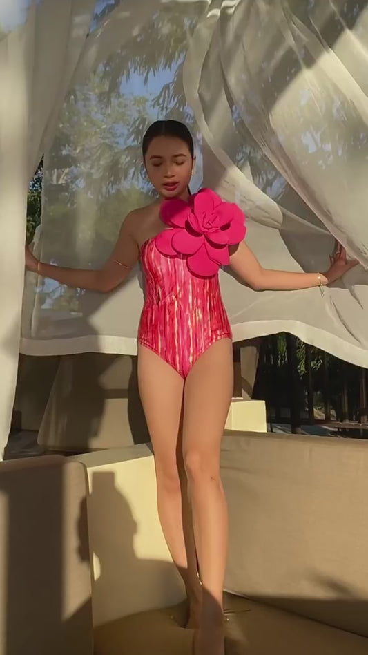 Women's One-Shoulder Floral Swimsuit Set – Luxury 3D Flower Beach Swimwear with Wrap Skirt